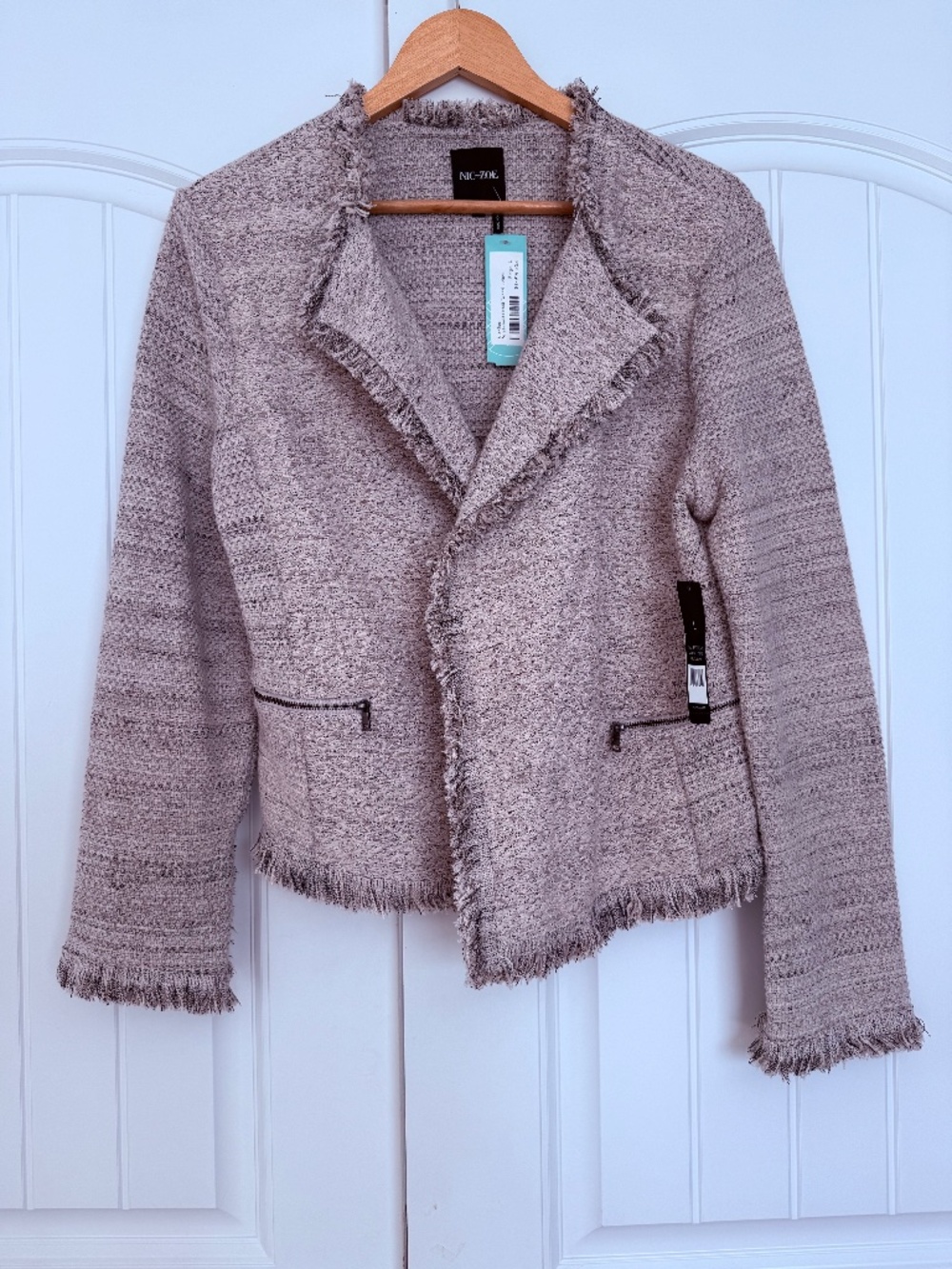 NIC+ZOE Mila Tweed Jacket Beige Size L NWT Frayed Blazer